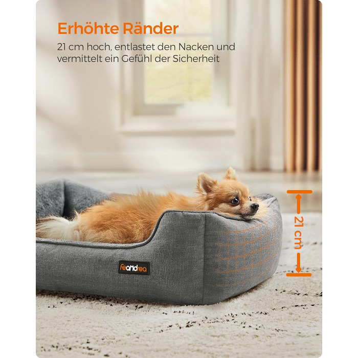 Ліжко для собак Feandrea, м'який лежак для собак з льоновим покриттям, кошик для собак, підняті бортики, неслизьке дно, знімний та пральний чохол, M, для маленьких собак, 70 x 55 x 21 см, світло-сірий