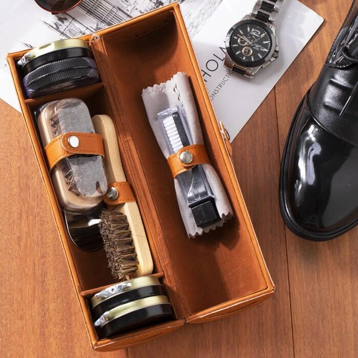 FGXY Shoe Care Set, 11-Piece Shoe Care Set Shoe Polish Travel Set with Brush Horsehair Shoe Cream Wood Applicator Brushes Shoehorn (10 Pcs)