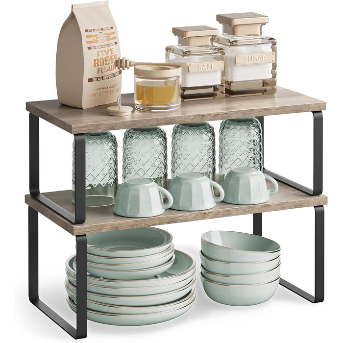 SONGMICS Spice Rack, 4-Piece Set, Kitchen Shelf, Kitchen Organizer, Expandable, Spice Holder, Stackable, with Metal Frame, 19.5 x 29.7 x 15.8 cm, Ink Black + Natural Beige KCS10NB (Ink Black + Greige Melange, 39.7B cm)