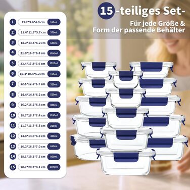 Набір скляних контейнерів для зберігання їжі, 10 шт., з кришками з преміум-пластику, герметичні, BPA-free, блакитні