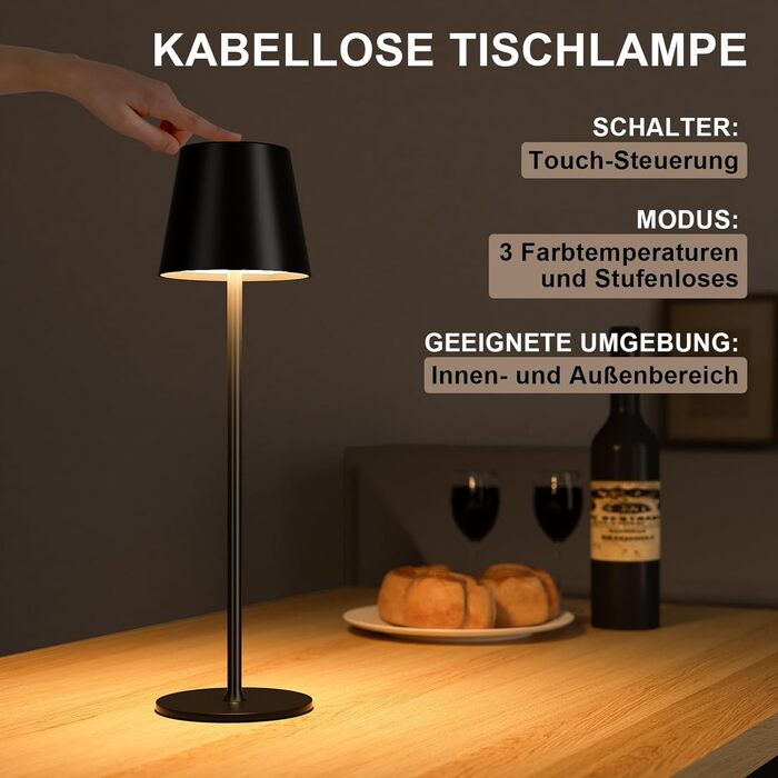 Акумуляторна настільна лампа LED бездротова з USB-C зарядкою, димується, 3 режими світла, чорна - для дому, кемпінгу