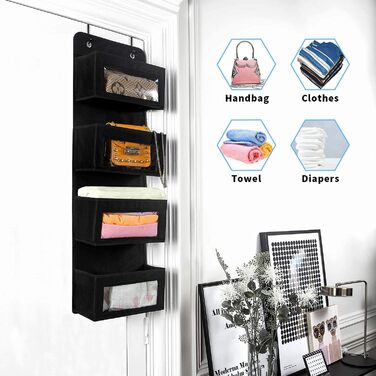 Настінна полиця BrilliantJo на двері, органайзер з 4 великими кишенями та прозорим вікном, чорний