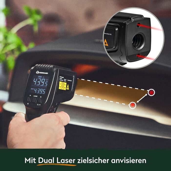 Інфрачервоний термометр BURNHARD з подвійним лазером, -50 – 550 °C, з функцією утримання, регулюванням випромінювання, для піцокаменів та грилів