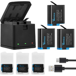 Зарядний комплект Vemico Hero 8: 3 акумулятори 1500 mAh, 3-канальна зарядна станція з Type-C USB, захисний ковпачок, сумісний з Hero 8/7/6/5/AHDBT-801