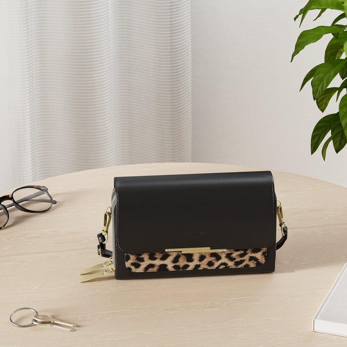 Сумка Roulens Klein через плече для жінок, екошкіра, чорно-леопардовий принт. Невелика крос-боді сумка для телефону, документів та карт. Регульований ремінець.