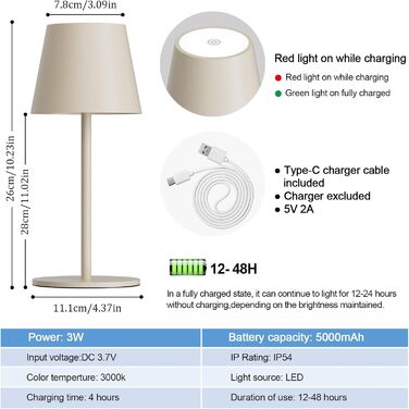 Світлодіодний акумуляторний настільний світильник 26 см, 5000mAh, IP54, 2 шт. (Бежевий) - кемпінговий, для ресторану, спальні, бару