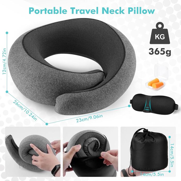Подушка для шиї у літак, Memory Foam, ортопедична, компактна, для тривалих перельотів. З 3D-маскою для сну та берушами. Ваш незамінний супутник у подорожах