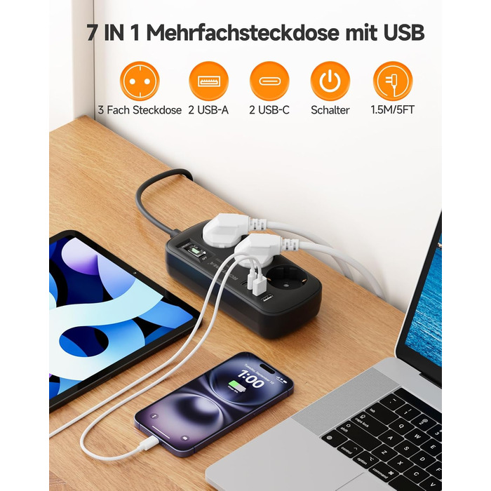 Многорозеткова станція з захистом від перенапруги, 3 розетки, 4 USB (2 USB-C), вимикач, кабель 1,5м, для дому/офісу, білий/чорний