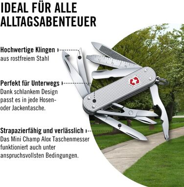 Швейцарський ніж Victorinox Mini Champ Alox: багатофункціональний інструмент, 15 функцій, Swiss Made, з відкривачем листів, відкривачем пляшок, інструментом для зачистки дротів, сріблястого кольору