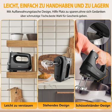 Електричний ручний міксер 300W з нержавіючої сталі, вінчики та гаки для тіста, 5 швидкостей, Turbo Boost, для випічки, тортів, яєць, збивання, чорний