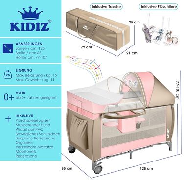 KIDIZ® 3-in-1 Baby Cot Travel Bed Combo Set Baby Bed with Changing Pad, Mosquito Net, Playard, from Birth up to 15 kg, Airy Side Walls with Side Entrance, Carry Bag, Foldable, Pink/Beige Pink / Beige