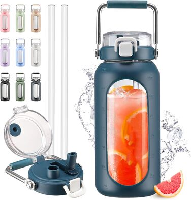 1.9L Glass Water Bottle, Glass Drinking Bottle with Straw and Stainless Steel Handle, Motivational Water Bottle with Silicone Sleeve and Time Marker, Water Pitch, Dark Blue
