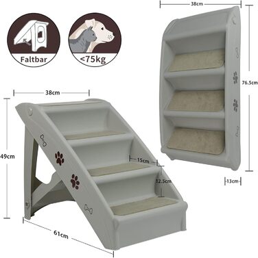 Froadp 49x38x61cm Folding Stairs for Dogs Made of Plastic, Folding Dog Steps with 4 Steps & Felt Mat, Non-Slip Cat Stairs, Bed, Balcony, Sofa, Portable Pet Stairs for Dogs and Cats (Grey)