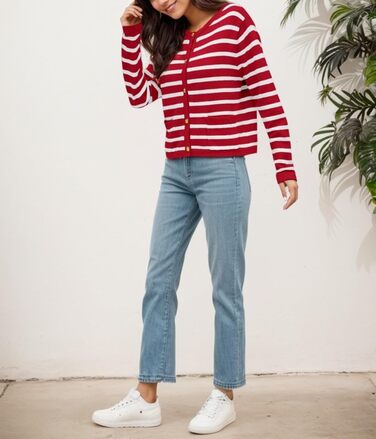 Жакет жіночий короткий з 2 кишенями на ґудзиках, смугастий пуловер, стильний осінній кардиган з круглим вирізом, модний в'язаний пуловер (S, Червоний)