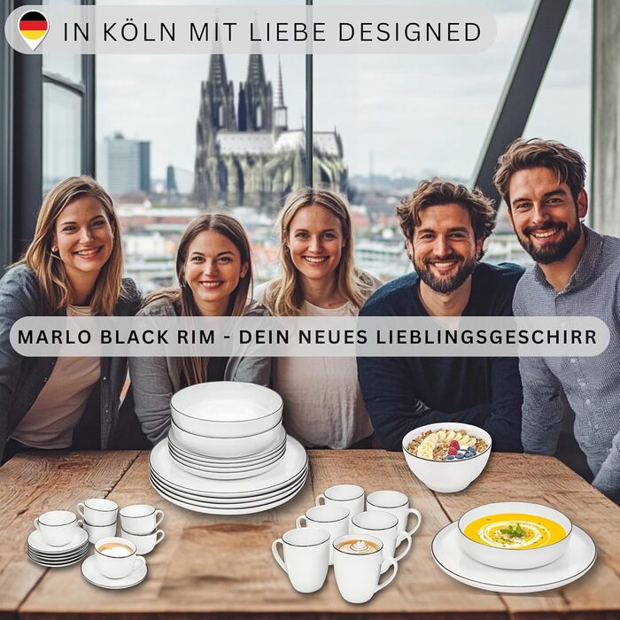 Набір посуду SÄNGER Tafelservice Weiß 24 елементи для 6 осіб: тарілки для десерту, обідні тарілки, миски та кавові чашки (12 шт) з порцеляни, сучасний дизайн PREMIUM COLLECTION (Marlo Black Rim)