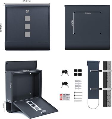 Поштовий ящик Zedelmaier XXL з нержавіючої сталі, індивідуальне гравіювання, 35x35 см, 4 ключі, для листів B5/C4, з газетницею, RAL 7016 Антрацит