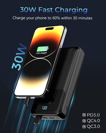 Power Bank 50000mAh з швидкою зарядкою 30W, USB-C, 4 виходи/2 входи, LED-дисплей. Зовнішній акумулятор для iPhone, Android, планшетів