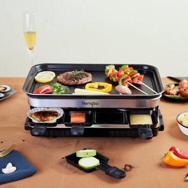 Raclette Grill for 8 People, Grill Plate with Non-Stick Coating, Raclette with 8 Mini Raclette Pans & 4 Wooden Spatulas, Continuously Adjustable Temperature, 1500W, Stainless Steel