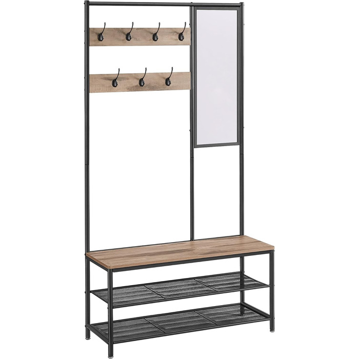 VASAGLE Coat Rack, Wardrobe, Coat Stand with Hooks, Mirror, Bench, 35 x 98 x 180 cm, for Entryway, Bedroom, Living Room, Modern, Oak-White HSR415W09 (Camel Brown + Ink Black)