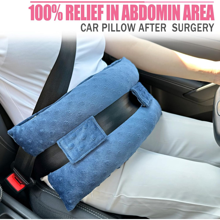 Hysterectomy Seat Belt Pillow, Hysterectomy Recovery, a Must-Have After Surgery, Belly Pillow with Ice/Heat Pack for Tummy Tuck, C-Section Recovery, Gifts, Minky Dot Denim Blue