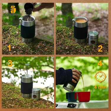 Handpresso - Travel Press with Bag | 0.35 Liters (2-3 Cups) | French Press Stainless Steel | Double-Walled Insulated Coffee Press | Thermo French Press Small for Camping or Travel