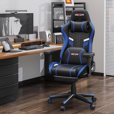 Ігровий крісло Douxlife з масажем та підігрівом, ергономічний офісний стілець з підніжкою, регулювання 90°-175°, підлокітники 2D, для геймерів, PC стілець, 181 кг, блакитний
