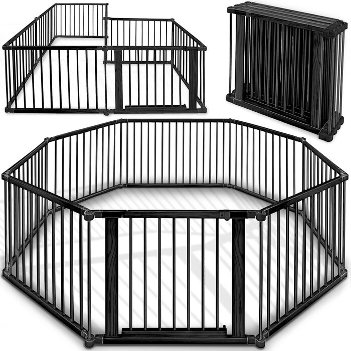 Дитячий вольєр KIDUKU® XXL, 7,2 м, розкладний, з дверцятами | Безпечний вольєр для дитини з подвійним замком | Захисний бар'єр для малюків з 8 елементами, білий/натуральний (чорний)