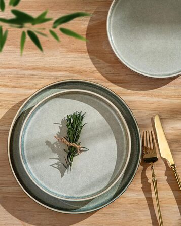 Набір посуду GBhome з реактивної глазурі для 6 осіб (18 предметів), ручна робота, керамічний посуд, безпечний для мікрохвильової печі та посудомийної машини, набір тарілок та мисок, колір Immergrün (Desret Salbei)