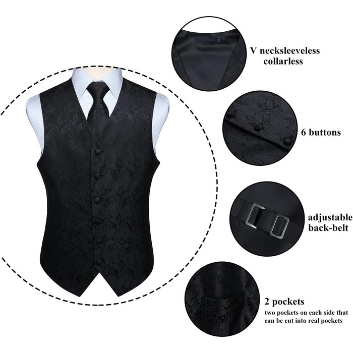 Костюм-тріо Enlision для чоловіків: жилет, краватка та нагрудна хустинка з квітковим патерном пейслі, чорний, розмір L