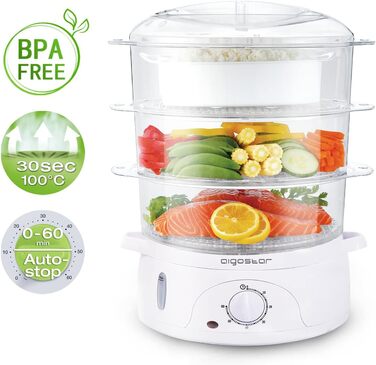 Пароварка Aigostar Fitfoodie 30CFO, 9 л, 800 Вт, 3 яруси, BPA Free, з таймером