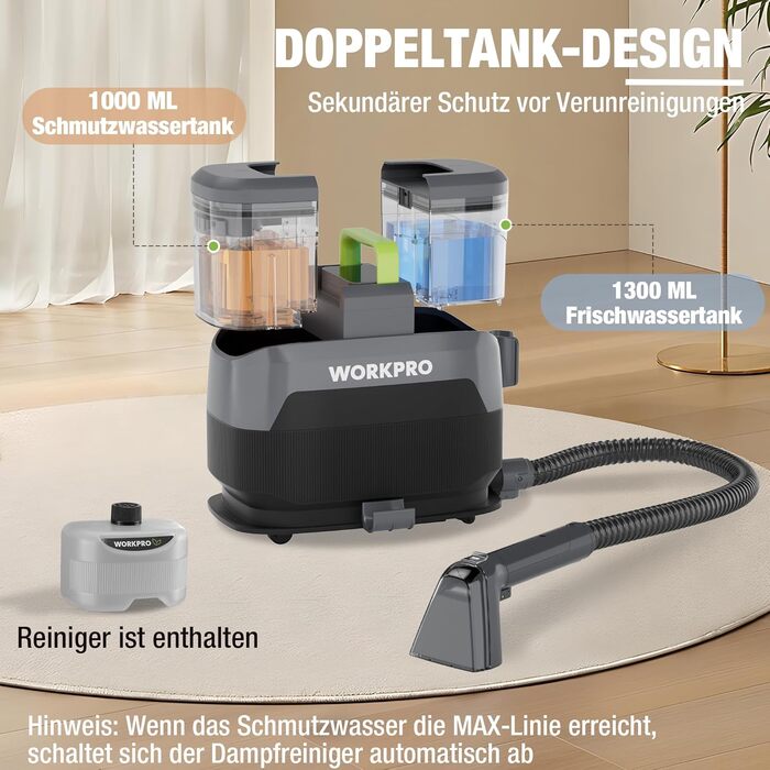 WORKPRO Мийний пилосос для килимів та м'яких меблів, 16 kPa, 4 режими очищення, насадки для килимів, диванів, матраців, вікон, видалення тваринських плям