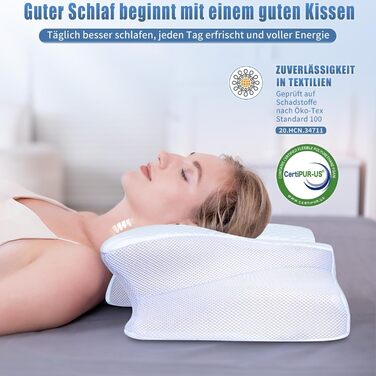 Подушка для шиї SAHEYER з Memory Foam, ортопедична, ергономічна, для сну на боці, біла, 60 x 35.5 x 10/13 см