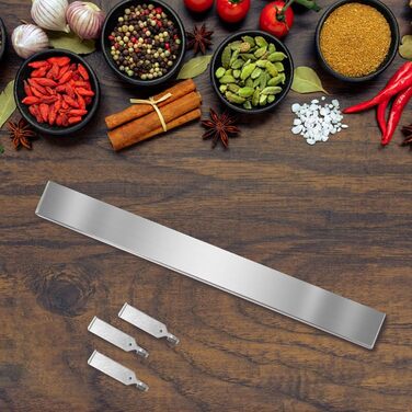 Improved 50cm Trhillsbrad Magnetic Knife Strip, 50cm Magnetic Knife Holder with 3 Hooks Stainless Steel Knife Rail Self-Adhesive, Silver Wall Mount Magnetic Strip No Drilling Knife Holder