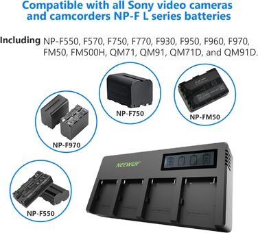 Зарядний пристрій NEEWER 4-канальний для акумуляторів Sony NP-F з LCD дисплеєм, сумісний з NP-F550, F570, F750, F770, F930, F950, F960, F970, FM50, FM500H, QM71, QM91, QM71D, QM91D, Camcorder, Li-Ion акумулятори