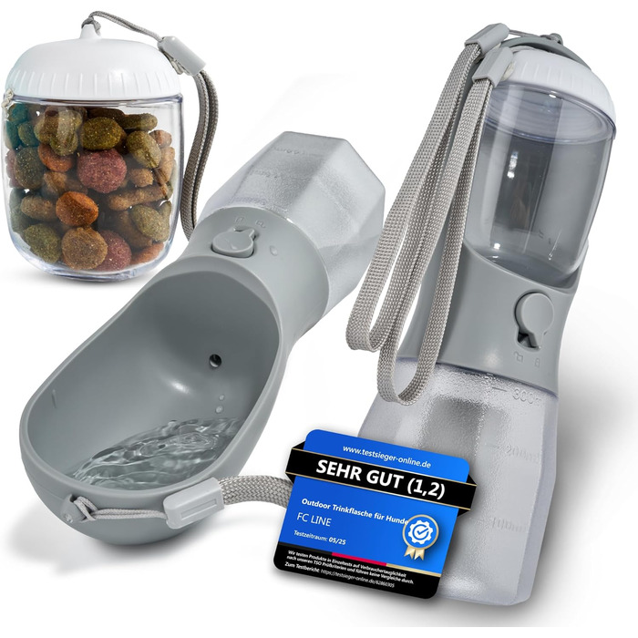 Поїлка для собак на прогулянці 300 мл - 3-в-1 (поїлка та миска) | Без витоку, BPA-free, з функцією повторного наповнення | Вода для маленьких та середніх собак сірого кольору 300 мл