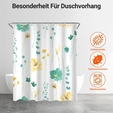 Штора для ванної кімнати 240x200 см, квіти, антигрибкова, водовідштовхувальна, поліестер, з кільцями для душу (М'ятний)