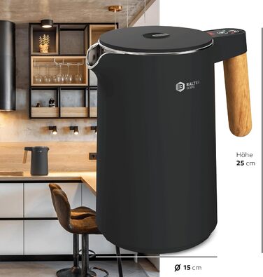 BALTER Stainless Steel Kettle with Temperature Setting, 45°C-100°C, Double-Walled, BPA Free, Quiet & Cordless, Keep-Warm Function, Tea Kettle with Temperature Display, 1.5L, 2200W, Black