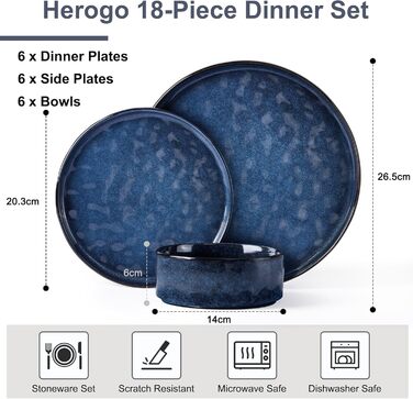 Посуд Herogo Nebulas Blue на 6 осіб, 18 предметів: тарілки та миски з кераміки, мікрохвильова піч та посудомийна машина, стійкий до подряпин