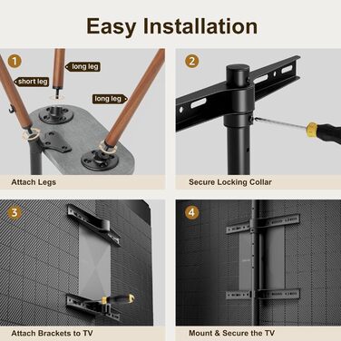 Підставка для телевізора 43-65 дюймів: регульована, поворотна, з дерев'яною полицею, VESA 400x400, чорний, мінімалістичний дизайн