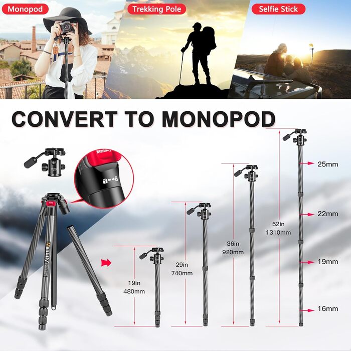 Штатив Manbily 63' з вуглецевого волокна з кульковою головкою 360° - монопод для подорожей, знімний хват, швидка пластина - штатив для DSLR Canon Nikon Sony YF-0 з хватом