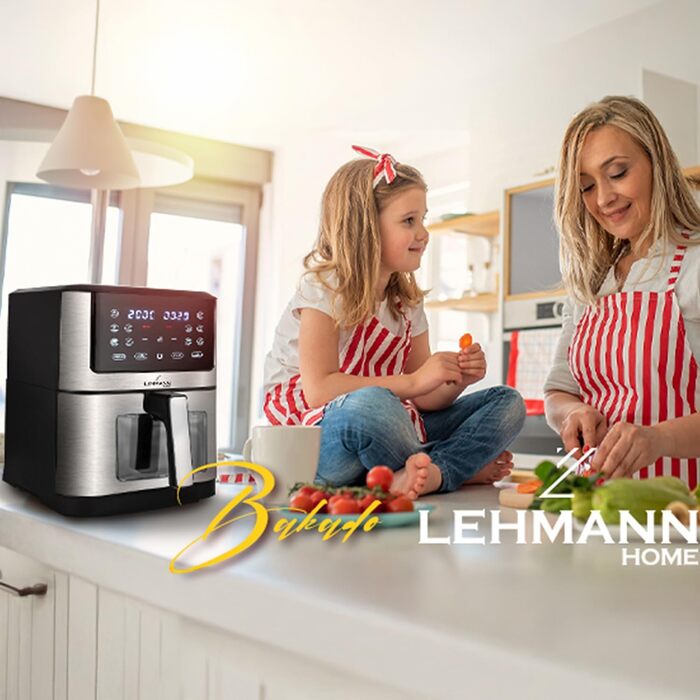 Горизонтальний фритюрник Lehmann 8л, 1800 Вт з оглядовим вікном, регулюванням температури до 200°C, 12 програм, таймером, антипригарним покриттям, для приготування на грилі, випікання та смаження з використанням технології Air Fry