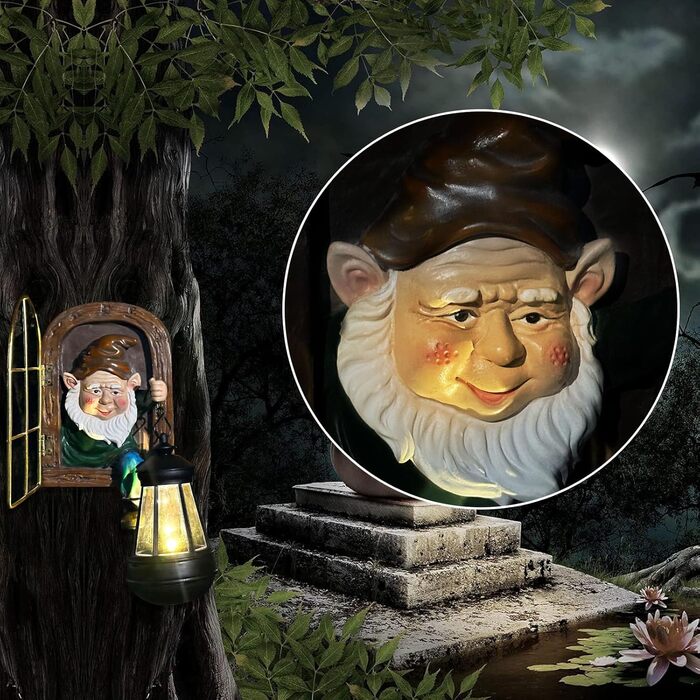 Fairy Garden Statues, Solar Lanterns, Quirky Elf from the Door, Tree-Hugging Figures Glow, Fence Wall Yard Art Home Decoration, Outdoor Tree Face Sculpture ideal Halloween Decoration