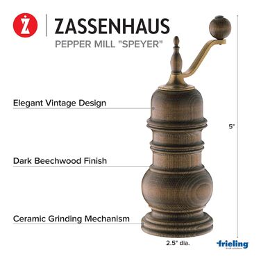 Млин для перцю Zassenhaus SPEYER, регульований помел, керамічний механізм, для великих об'ємів, заповнений, коричневий, Німеччина