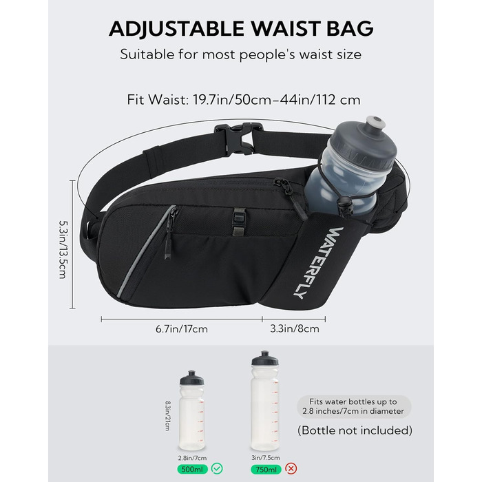 Чоловіча/жіноча поясна сумка Waterfly з тримачем для пляшки: спортивна, стильна, для бігу, прогулянок, велосипеда, подорожей, чорна