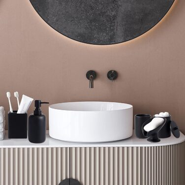 Набір аксесуарів для ванної кімнати з штучного каміння, матовий чорний, 5 предметів: дозатор мила, органайзер, тримач для зубних щіток, самостійно висувний дозатор мила та стакан для ванної кімнати. Сучасний дизайн.