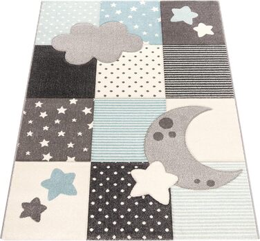 Paco Home Children's Rug, Carpet, Kids' Room, Boy, Girl, Pastel, Modern, Checkered, Dots, Moon, Stars, White, Gray, Blue, Size: Ø 120 cm Round