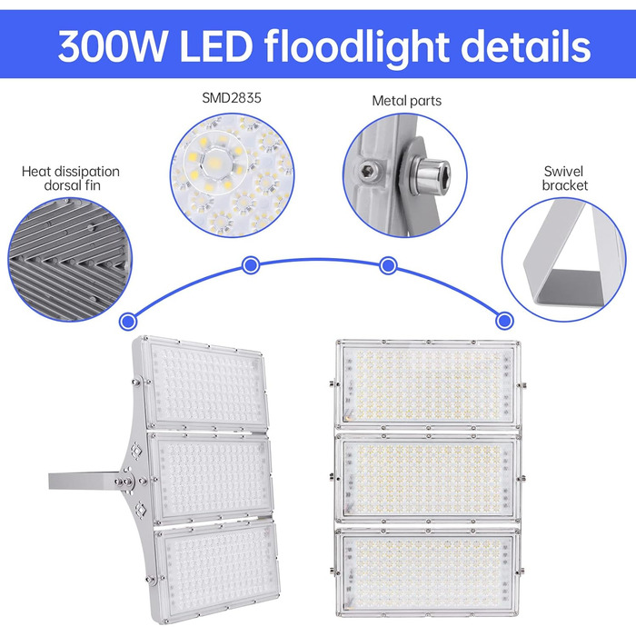 Bellanny LED Floodlight 300W 30000LM Spotlight, 6500K Cool White Light Floodlights - IP65 Waterproof Floodlight, Outdoor Wall Lights for Garden, Terrace, Garage, Sports Field, Factory, Workshop
