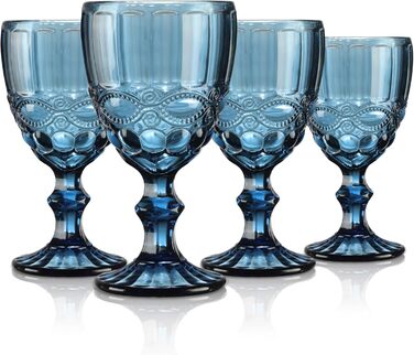Joeyan Blau Vintage Wine Glasses with Embossed Design, Colored Relief Red Wine Glasses White Wine Glasses, Drinking Glasses, Goblet Glasses, Wine Goblet for Wine Juice Drinks, 300 ml, Set of 4, Dishwasher Safe