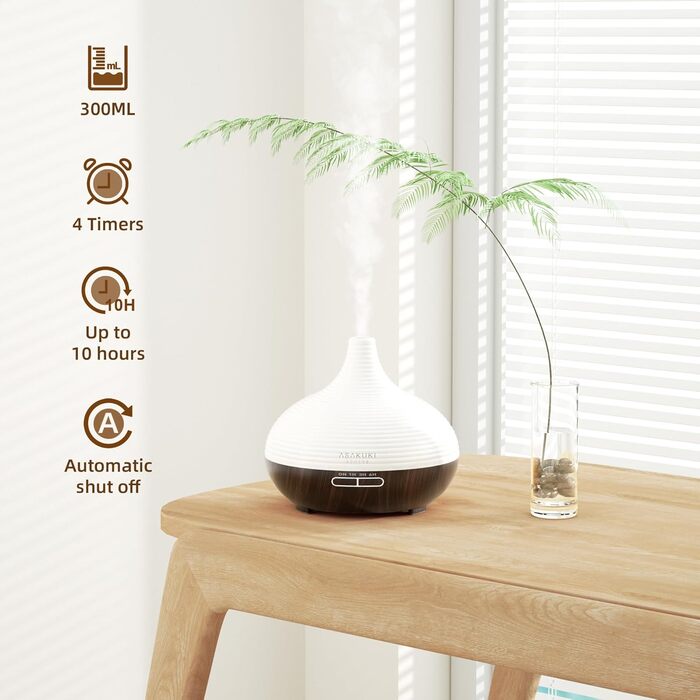 ASAKUKI Дифузор ароматичних олій 300мл, ультразвуковий зволожувач повітря, ароматерапія, LED-підсвічування, без BPA, для спа, офісу, спальні (Чорний)