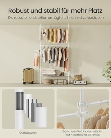 SONGMICS Telescopic Rod Clothes Rack, 3-Tier Wardrobe, Height and Width Adjustable, Open Closet with 2 Clothes Rods and Removable Shelf, Gripper Arm, HSR136B01 (Matt White, 1 Row (84B~123B cm))